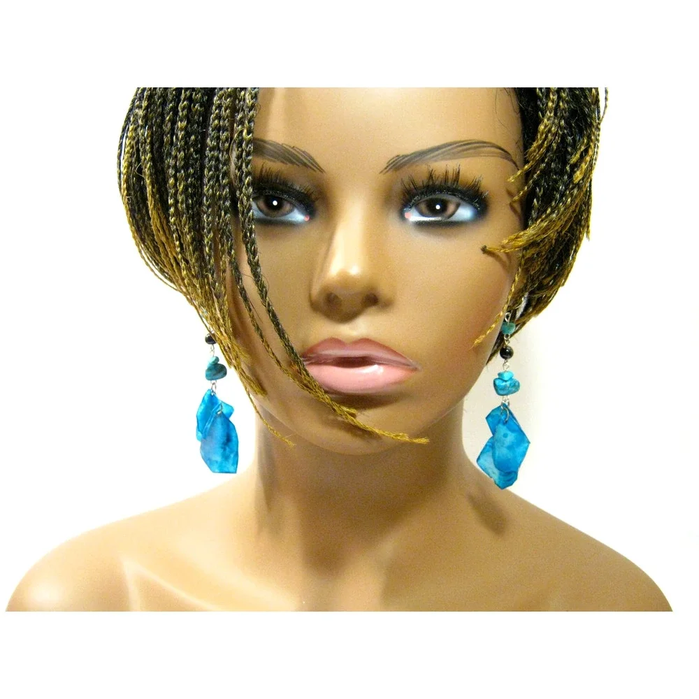 Genuine Turquoise Gemstone Blue Feather style Acrylic Long Drop Earrings 3 inch